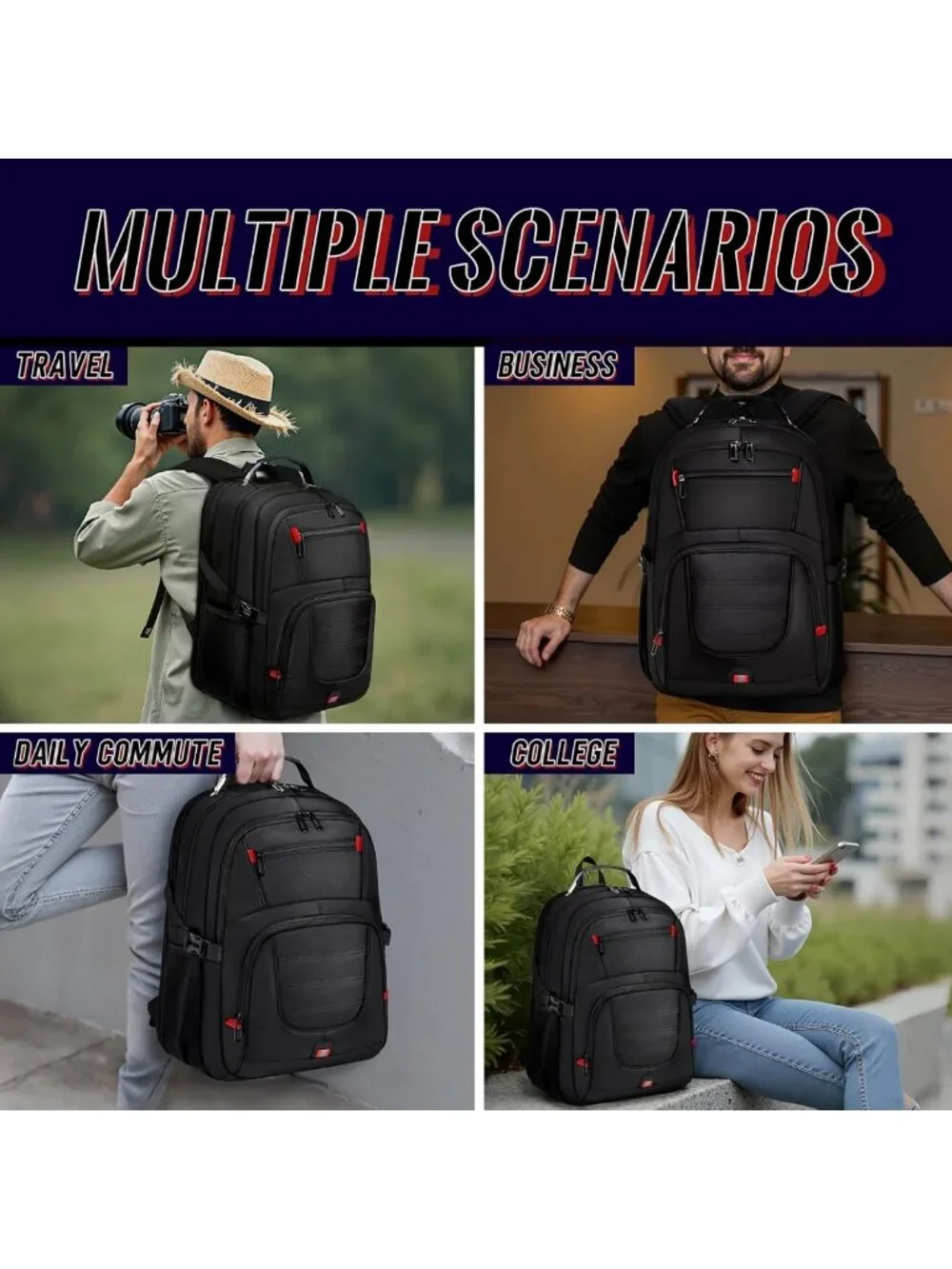 Spacious Black Travel Backpack for Men, Fits 17.3